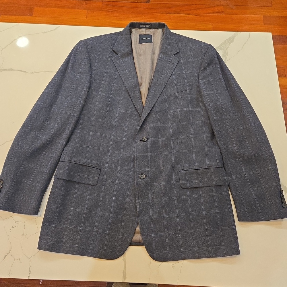 Nautica Mens Silk Wool Plaid Blazer Sports Coat Blue Gray Size 46